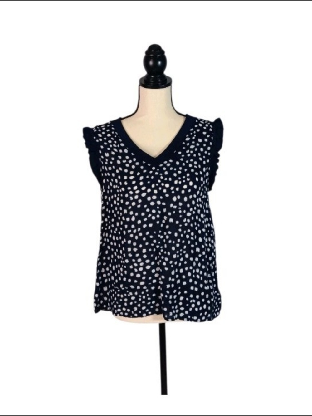 DR2 Daniel Rainn Navy & White Sleeveless Polka Dot Pattern Ruffle Hem Top, Large